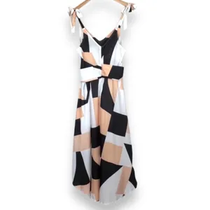 CBR ChicMe black tan geometric print tie shoulder belted midi dress M NEW thumbnail 5