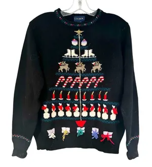 CT Crew Vintage Wool Christmas Sweater Women's Medium‎ Black Reindeer Snowman thumbnail 1
