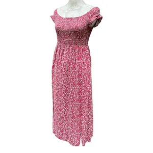 Cottagecore Boho Off Shoulder smocked Floral Maxi Dress Beach Slit Red white M/L thumbnail 3
