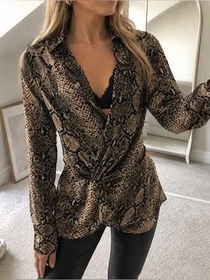 Zara Woman Snake Print Wrap‎ Blouse Beige Black Long Sleeve Size M thumbnail 1