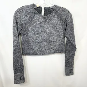 Seamless Workout‎ Set Gray Activewear Long Sleeve Crop Top Leggings TikTok 779 thumbnail 2