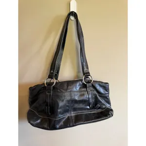 Kate Landry Black Leather Shoulder Bag Hobo Purse Silver‎ Ring Accents thumbnail 4