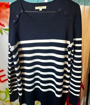 N35. LOFT navy and white striped sweater with button details. Size L thumbnail 1