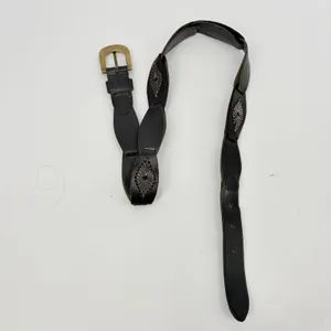 Boho Black Leather Embroidered Concho Womens Belt Sz Small Brass Buckle Western thumbnail 3