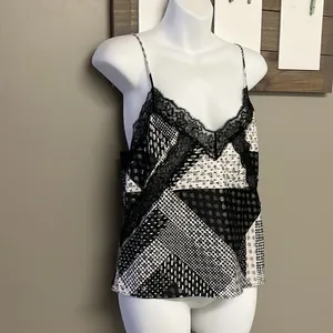 Victoria’s Secret Lace And Blk/Wht/Silver Patchwork Pattern Adjustable Cami- Med thumbnail 3