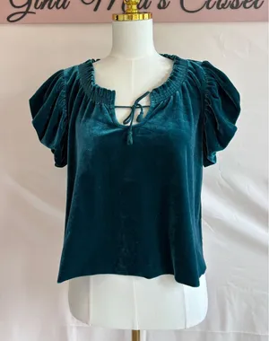 Free People Velvet Puff Sleeve Top in Teal, Size Small thumbnail 1