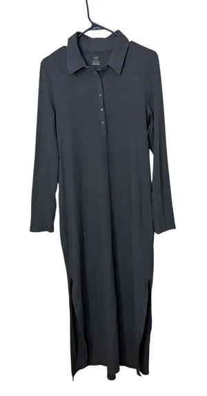 Aerie Womens Charcoal Grey Ribbed Henley Maxi Dress Long Sleeve Side Slit XL thumbnail 1