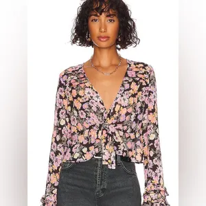 FREE‎ PEOPLE Maybel Sheer Floral Tie Front Peplum Top Crop Black Pink Small New thumbnail 8