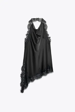 Zara elegant Black Satin Lace-Trim Halter Top thumbnail 14