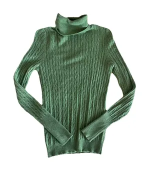 J. Crew Green Wool Cashmere Blend Cable-Knit Turtle Neck Long Sleeve Sweater S thumbnail 1