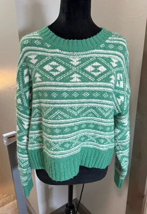 American Eagle Fair Isle Green‎ White Cropped Sweater Crewneck Pullover Winter M thumbnail 1