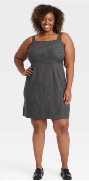 AVA & VIV Gray Pinstripe Square Neck Mini Dress Plus‎ Size 1X Smocked Back NWT thumbnail 1