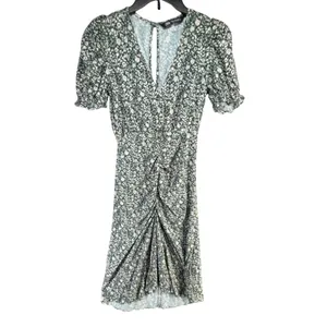 Zara Floral Green‎ Gathered Midi Dress V-Neck Puff Sleeve Cottagecore Prairie XS thumbnail 2
