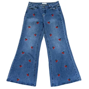 Ashley Mason Cherry Embroidered Wide Leg Jeans Women 7/28 Festival‎ Rockabilly thumbnail 1