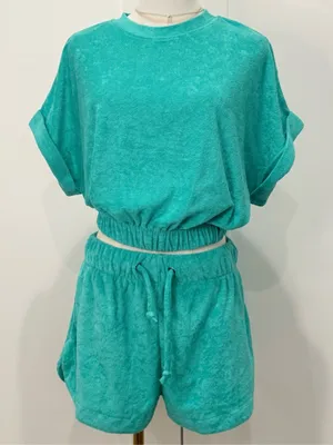 Elan Terry Cloth Matching Set Crop Top Shorts Teal Small Medium Beachy Resort thumbnail 2