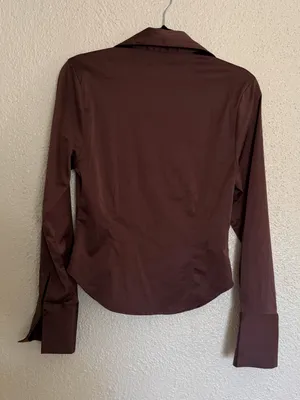Abercrombie & Fitch Chocolate Brown Ruched Satin ButtonDown Shirt size Small New thumbnail 3