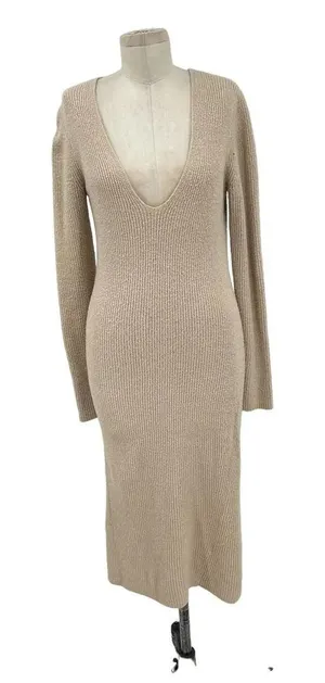 Aritzia‎ Wilfred Camel Tan V-Neck Long Sleeve Sweater Midi Dress Size Small thumbnail 1