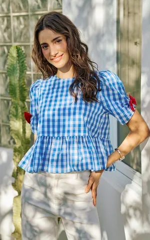 SO ME 4th Of July Gingham Ribbon Detail Short‎ Sleeves Blouse - Medium thumbnail 1