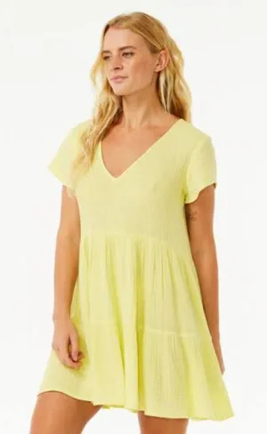 Ripcurl Lightweight Yellow V-Neck Gauzy Short Sleeve Tiered Mini Dress Size 2XL thumbnail 1