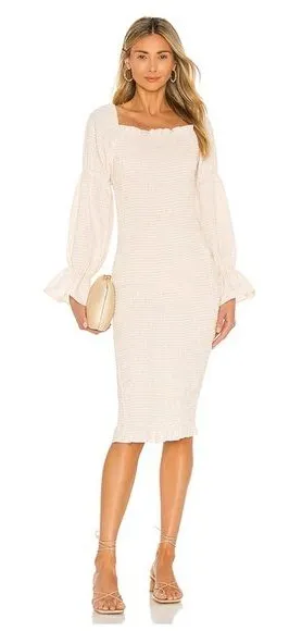 REVOLVE SNDYS‎ Gingham Courtney Dress in Cream Size 8 Smocked Midi thumbnail 1