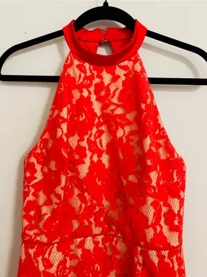 ABS Allen Schwartz Red Floral Lace Halter Dress Sheath Cocktail Wedding Guest 4 thumbnail 4