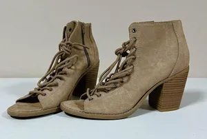 Beige Tan Suede Lace-Up Open-Toe Heels Pumps Sandals Shoes Size 9 🤎✨ thumbnail 4