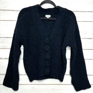 POL Chunky Knit Cardigan Sweater Small Black Flower Button Front Boho Textured thumbnail 2