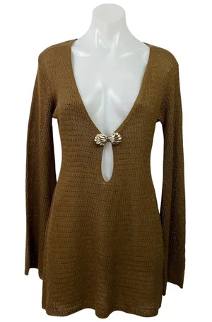 MOTF Women's Brown Long Sleeve Plunge V Neck Shell Knit A Line Mini Dress Size M thumbnail 1