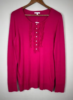 Gap Sweater Top Womens Large Pink Cotton Cashmere Long Sleeve Henley Ruffle New‎ thumbnail 1