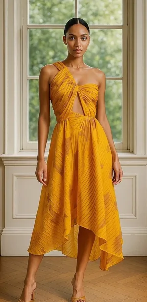 Isi Brown Dress women Medium Yellow Pleated One Shoulder Cutout Asymmetric‎ Midi thumbnail 1
