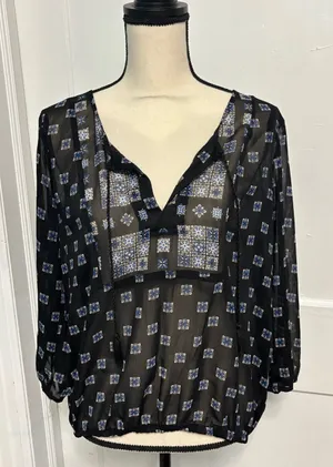 Maurices Black Sheer Blouse with Blue Tile Motif thumbnail 1