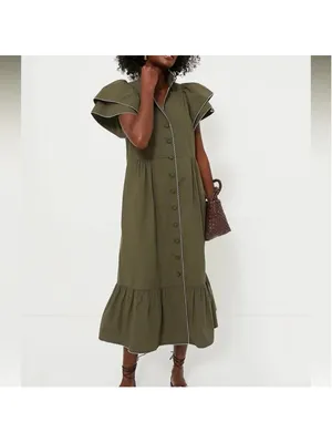 Tuckernuck Olive Green Alice Button Front Midi Dress Collar V Neck Scallop S thumbnail 4