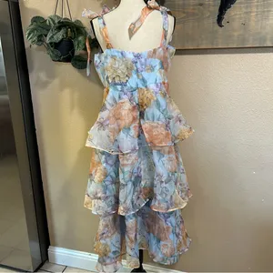 NWT Lulus Playfully Posh Blue Floral Organza Tie-Strap Tiered Midi Dress thumbnail 5
