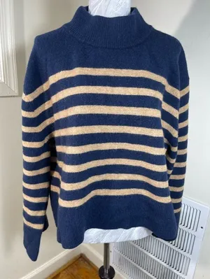 J. Crew Navy and Tan Striped chunky crewneck Sweater size XL thumbnail 1