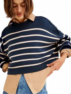 Free People Easy Street Navy and Cream Stripe Crop Pullover Sweater Size L thumbnail 1