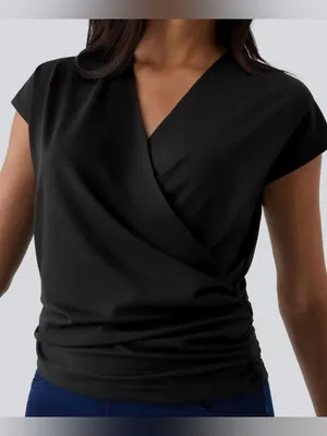 Halara Top Womens 1X Black Surplice Faux Wrap Ruched V- Neck thumbnail 1