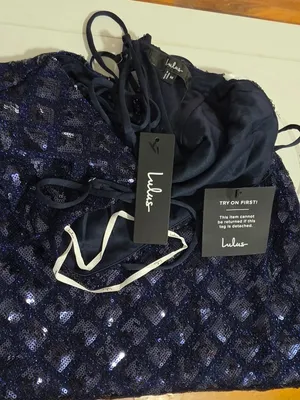 Lulus Shimmering Vibes Lurex Sequin Lace Up Mini Dress - Navy Blue - Size M thumbnail 11