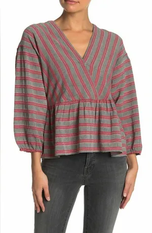Madewell Striped Bubble-Sleeve Peplum Top V-Neck Size L thumbnail 1