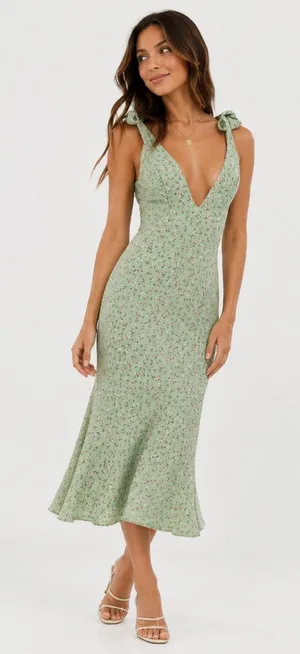 ASOS Mint Green Floral Midi Dress US 12 Tie Strap Scuba Cottagecore NWT thumbnail 1