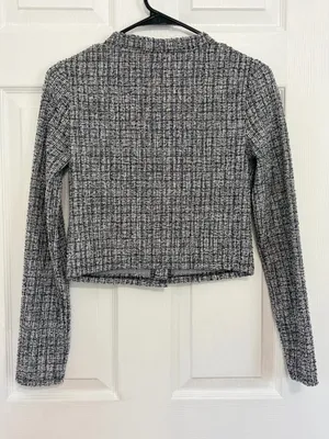 H&M Tweed Plaid Cardigan Jacket Black White Cropped Preppy Quiet Luxury Academia XS thumbnail 3