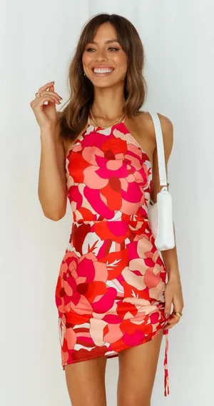 Runaway Tammy Floral Halter Mini Dress Red Pink Satin Ruched Open Back SizeS thumbnail 1