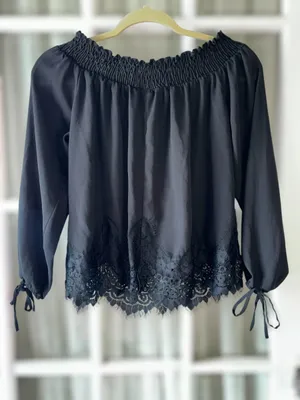 Wrangler Women’s Small Retro Black Frayed Lace Long Tie Sleeve Western Blouse thumbnail 3