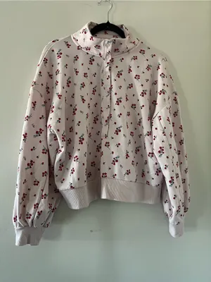 Pink Ditsy Floral Quarter Zip Pullover Cotton Sweatshirt Large Feminine Athletic thumbnail 1