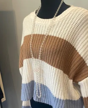Striped Knit Sweater - White, Brown, Blue oversized fit thumbnail 2
