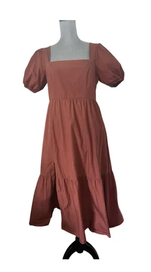 ASTR the Label Poplin Puff Sleeve Tiered Midi Dress L Square Neck Rust Cottage thumbnail 1