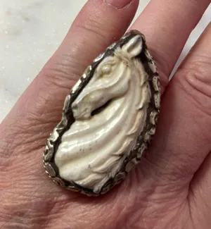 Elegant Horse Hand-carved Bone set in Tibetan Silver, Adjustable Sizing thumbnail 1