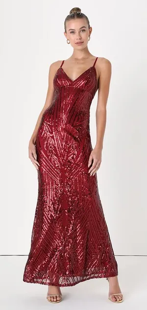 Lulu's Ever So Elegant Shiny Burgundy Sequin Mermaid Maxi Dress thumbnail 1