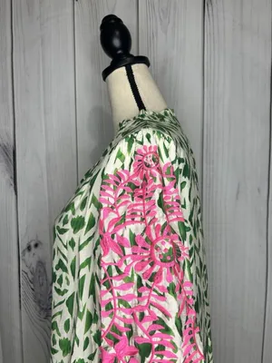 VOY Green White Abstract Print Top Pink Floral Embroidered Puff Sleeves Sz L thumbnail 5