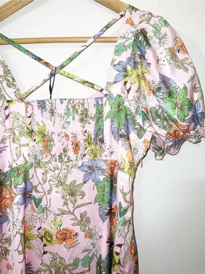 FOF Pink Floral Puff-Sleeve Short Sleeve Midi Summer Dress New thumbnail 9