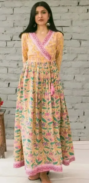 Women's Boho Ethnic Cotton Kurta Yellow Surplice Neck Maxi Dress thumbnail 1